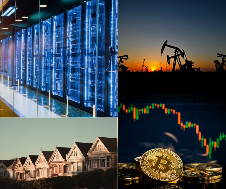 Data center, oil pump, cryptocurrency symbol, and residential real estate