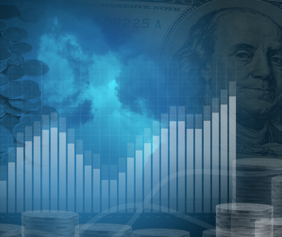 Financial graph with changing values, coins, and a one-hundred-dollar bill
